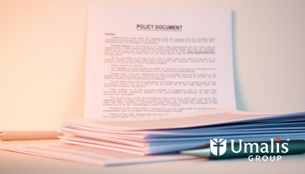 A detailed policy document against a clean, professional backdrop. In the foreground, a stack of papers and a pen, symbolizing the careful consideration of criteria and comparison of offers. Warm lighting casts a subtle glow, conveying a sense of reliability and trust. The Umalis Group logo discreetly positioned in the corner, reflecting the expertise and guidance they provide in professional liability insurance.