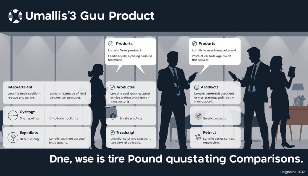 A detailed product comparison infographic depicting the Umalis Group's offerings. The foreground showcases the key features of each product, presented in a sleek, minimalist style with clean typography and carefully curated icons. The middle ground features silhouetted business professionals actively engaging with the products, conveying a sense of productivity and practicality. The background depicts a modern, sophisticated office environment with muted colors and subtle lighting, setting the tone for a high-level, deep dive analysis. The overall aesthetic is professional, informative, and visually striking, perfectly suited to illustrate the "Deep Dive into Product and Marketing Comparisons" section.