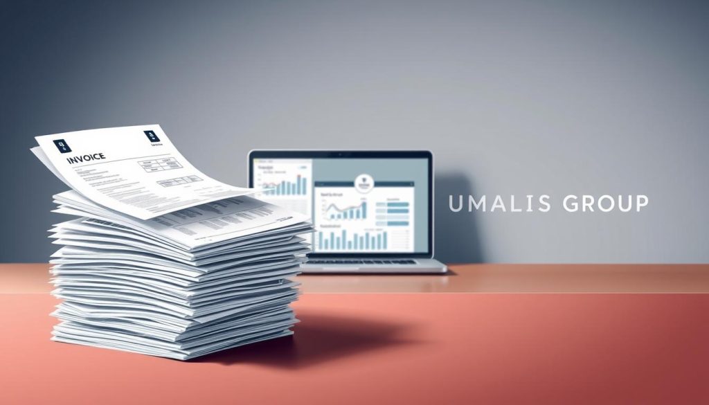 A detailed, professional illustration of "Frais de Gestion Portage Salarial" against a sophisticated, minimalist backdrop. In the foreground, a meticulously rendered stack of invoices, expense reports, and financial documents, conveying the complexities of managing payroll and administrative tasks for freelancers. In the middle ground, a modern, streamlined laptop displaying analytical charts and financial data, representing the need for efficient management tools. In the background, a muted, gradient-based environment with the UMALIS GROUP logo subtly incorporated, establishing a sense of authority and trust. Crisp lighting, a shallow depth of field, and a clean, elegant composition work together to elevate this image as a visual aid for the "La tarification portage salarial : Décryptage et Calcul" section.