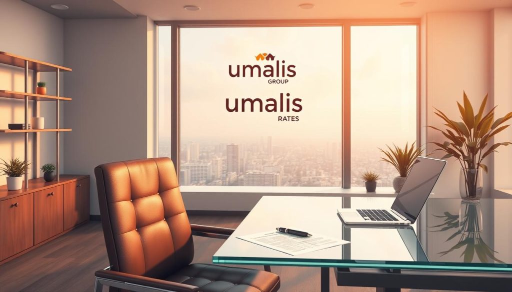 A detailed, professional rendering of a modern office scene showcasing the key elements for determining a daily rate for a salaried employment contract. The foreground features a clear, glass-topped desk with a laptop, pen, and paper documents. A stylish leather chair is positioned in front. The middle ground depicts a large window overlooking an urban landscape, with the Umalis Group logo prominently displayed. The background includes minimalist shelving, potted plants, and warm, directional lighting that creates a serene, productive atmosphere. The scene conveys a sense of clarity, organization, and professionalism to illustrate the considerations for setting a daily rate in a salaried employment arrangement. A detailed, professional rendering of a modern office scene showcasing the key elements for determining a daily rate for a salaried employment contract. The foreground features a clear, glass-topped desk with a laptop, pen, and paper documents. A stylish leather chair is positioned in front. The middle ground depicts a large window overlooking an urban landscape, with the Umalis Group logo prominently displayed. The background includes minimalist shelving, potted plants, and warm, directional lighting that creates a serene, productive atmosphere. The scene conveys a sense of clarity, organization, and professionalism to illustrate the considerations for setting a daily rate in a salaried employment arrangement.