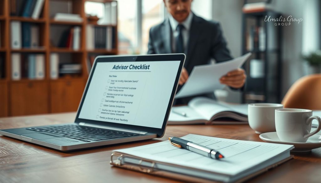 A detailed, professional workspace featuring a well-organized checklist for "Advisor checklist for portage salarial international". In the foreground, a sleek laptop is open, displaying a digital checklist with items related to tax questions and advisory topics. Beside it, a notepad with hand-written notes, a stylish pen, and a cup of coffee create a warm, inviting atmosphere. In the middle ground, a blurred figure of a consultant wearing business attire is actively reviewing documents and engaging with the checklist, reflecting a focus on professionalism and accuracy. The background features soft natural lighting filtering through an office window, with a bookshelf filled with business-related books and resources. Emphasize a serene, productive mood while ensuring all elements align with a corporate environment. Include the brand name "Umalis Group" subtly integrated into the scene.