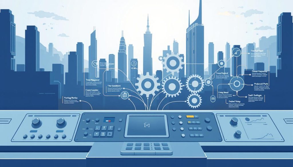A detailed project planning framework depicted as a comprehensive visual diagram. The foreground shows a central control panel with various knobs, dials, and buttons, representing the key stages of the planning process. The middle ground features interconnected gears, cogs, and pulleys, symbolizing the intricate relationships and dependencies between project tasks and milestones. The background depicts a futuristic, technologically-advanced landscape with towering skyscrapers and a serene, minimalist color palette of blues and grays. The lighting is soft and diffused, creating a sense of order and precision. The overall composition conveys a methodical, data-driven approach to effective project planning and management.