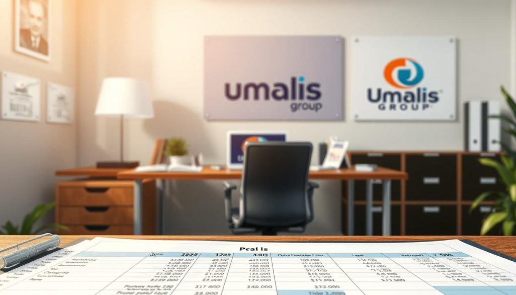A detailed, realistic illustration of "processus rémunération portage salarial" for a corporate finance article. Foreground shows a spreadsheet or digital interface displaying payroll calculations, wage details, and financial data. Middle ground features a professional office setting with a desk, laptop, and office supplies. Background depicts the Umalis Group logo, conveying the company's involvement in the portage salarial process. Lighting is warm and natural, with soft shadows. The overall mood is one of organized, efficient financial management. The image should effectively communicate the functioning of the portage salarial system for independent workers.