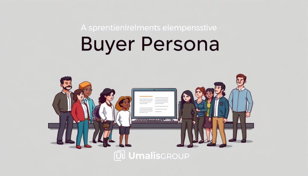 A detailed, realistic illustration of the essential elements of a comprehensive buyer persona, with a clean, minimalist aesthetic. Rendered in a crisp, high-resolution format. In the foreground, a collection of diverse figurines representing different customer archetypes, each with distinct characteristics. In the middle ground, a desktop workspace with a laptop, notepad, and carefully arranged office supplies, conveying a sense of research and analysis. In the background, a neutral grey backdrop, allowing the central elements to take focus. Lighting is soft and natural, creating subtle shadows and highlights. The overall tone is professional and informative, with a subtle color palette. The Umalis Group brand name is discreetly incorporated into the design.