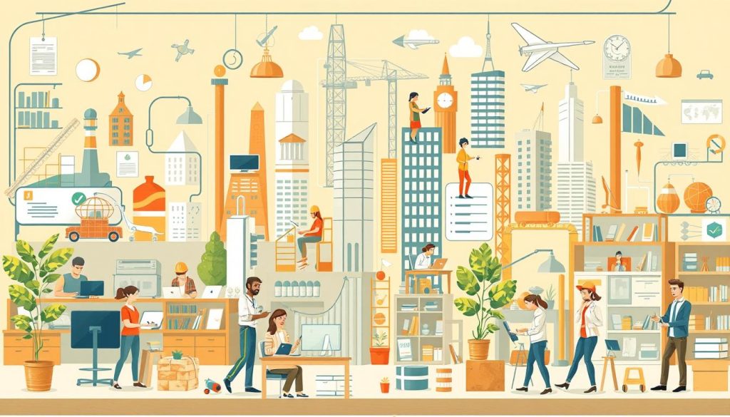 A detailed, realistic illustration of various types of suitable work sectors for the Portage Salarial system. The image should depict a diverse range of professional fields and industries, including office work, healthcare, technology, education, finance, and skilled trades. The scene should have a well-balanced composition, with each sector represented in the appropriate scale and level of detail. Employ a warm, inviting color palette and natural lighting to convey an atmosphere of productivity and opportunity. Incorporate subtle visual cues and iconography to distinguish the different work environments. The overall impression should be one of a thriving, multifaceted economy that aligns with the Portage Salarial employment model.