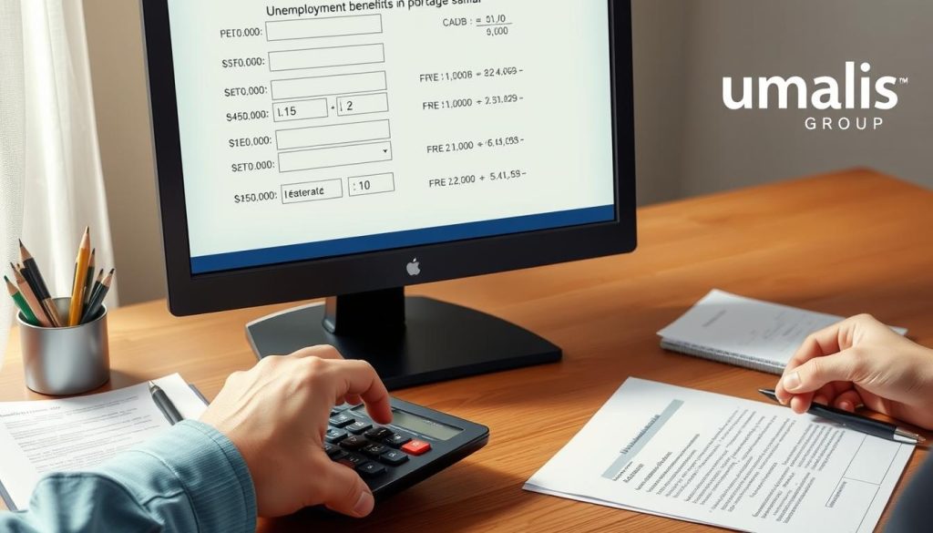 A detailed, realistic-looking illustration depicting the step-by-step calculation of unemployment benefits in a "portage salarial" (freelance work) scenario. The scene shows a computer screen displaying various input fields and formulas, with a hand using a calculator and documents on a wooden desk. The Umalis Group logo is prominently featured, conveying the company's expertise in this domain. The lighting is soft and natural, creating a professional and authoritative atmosphere. The overall composition guides the viewer's attention to the core elements of the calculation process.