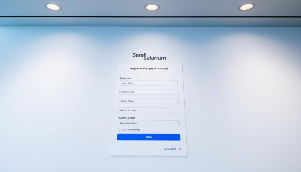 A detailed registration page for a Salarium payroll account, showcasing a modern, minimalist interface with clean lines and a balanced layout. The page features a centered form with fields for user information, payment details, and account setup, all set against a subtle background pattern that adds depth and visual interest. The lighting is soft and evenly distributed, creating a professional and welcoming atmosphere. The camera angle is slightly elevated, giving the viewer a comprehensive view of the page's design and functionality. The overall mood is one of efficiency, security, and user-friendliness, reflecting the secure and reliable nature of the Salarium payroll service.