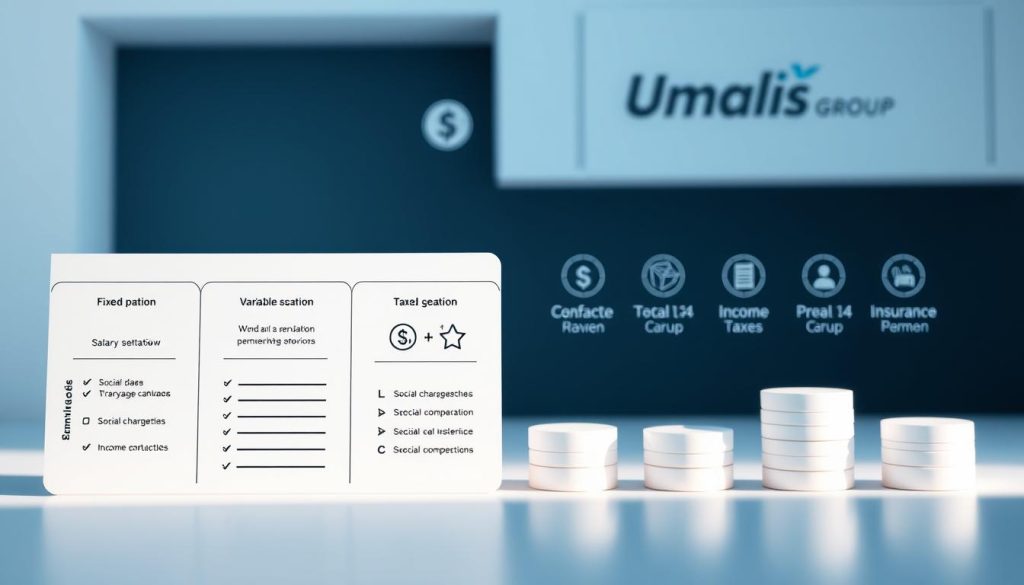 A detailed rendering of "composantes rémunération portage salarial" showcasing the key elements of a contractor's pay structure under the Umalis Group's umbrella. A sleek, modern composition with a crisp, clean aesthetic. Prominent in the foreground are graphical representations of a salary breakdown, including fixed pay, variable compensation, and benefits. The midground features icons symbolizing common portage salarial components like social charges, income taxes, and insurance. In the background, a subtle Umalis Group logo and geometric patterns evoke a professional, business-oriented atmosphere. Soft, directional lighting illuminates the scene, creating depth and emphasizing the key information. An informative, visually striking illustration to complement the "La rémunération fixe en portage salarial : Guide complet" article. A detailed rendering of "composantes rémunération portage salarial" showcasing the key elements of a contractor's pay structure under the Umalis Group's umbrella. A sleek, modern composition with a crisp, clean aesthetic. Prominent in the foreground are graphical representations of a salary breakdown, including fixed pay, variable compensation, and benefits. The midground features icons symbolizing common portage salarial components like social charges, income taxes, and insurance. In the background, a subtle Umalis Group logo and geometric patterns evoke a professional, business-oriented atmosphere. Soft, directional lighting illuminates the scene, creating depth and emphasizing the key information. An informative, visually striking illustration to complement the "La rémunération fixe en portage salarial : Guide complet" article.