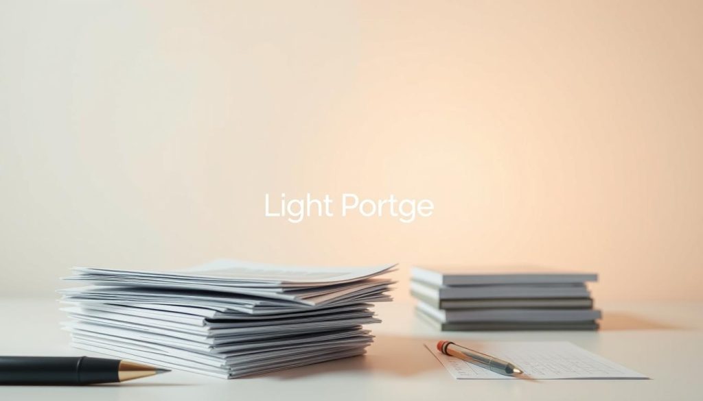 A detailed rendering of the "frais de gestion et charges sociales" concept, featuring the Light Portage brand. A minimalist, modern composition set against a soft, neutral background. In the foreground, a stack of neatly organized financial documents and accounting tools, conveying the administrative responsibilities of independent professionals. The midground showcases the Light Portage logo and branding, symbolizing the support services provided. The background gradually fades into a serene, ambient lighting, evoking a sense of professionalism and clarity. Captured with a high-resolution, wide-angle lens to emphasize the comprehensive nature of this financial aspect of independent work.