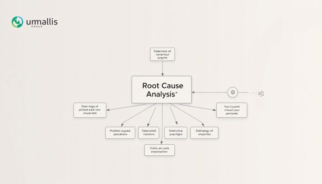 A detailed root cause analysis diagram with a minimalist, schematic style. The foreground depicts a central problem statement, surrounded by a series of interconnected boxes representing its root causes. These causes are arranged in a logical, hierarchical manner, with clear visual cues to denote their relationships. The middle ground features abstract geometric shapes and symbols, such as arrows and flow charts, to convey the analytical nature of the process. The background showcases a subtle, muted color palette inspired by the Umalis Group brand, with soft gradients and textures to provide a calming, professional atmosphere. The overall composition strikes a balance between functionality and aesthetics, highlighting the power of structured problem-solving techniques.