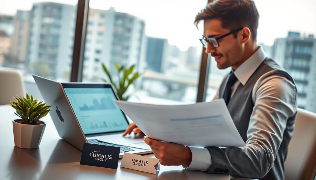 A detailed scene depicting a professional consultant in business attire, sitting at a sleek modern desk, analyzing documents related to "Conditions d'exécution prestation portage salarial." In the foreground, a focused individual reviews a contract with a laptop open, showcasing charts and financial data on the screen, symbolizing clarity and professionalism. In the middle ground, a potted plant adds a touch of nature, while a blurred cityscape can be seen through a large glass window in the background, symbolizing the business environment of France. The lighting is bright, with a warm glow filtering through the window, creating an inviting atmosphere. The subtle branding of "UMALIS GROUP" is visible on a business card on the desk, emphasizing professionalism without distraction.