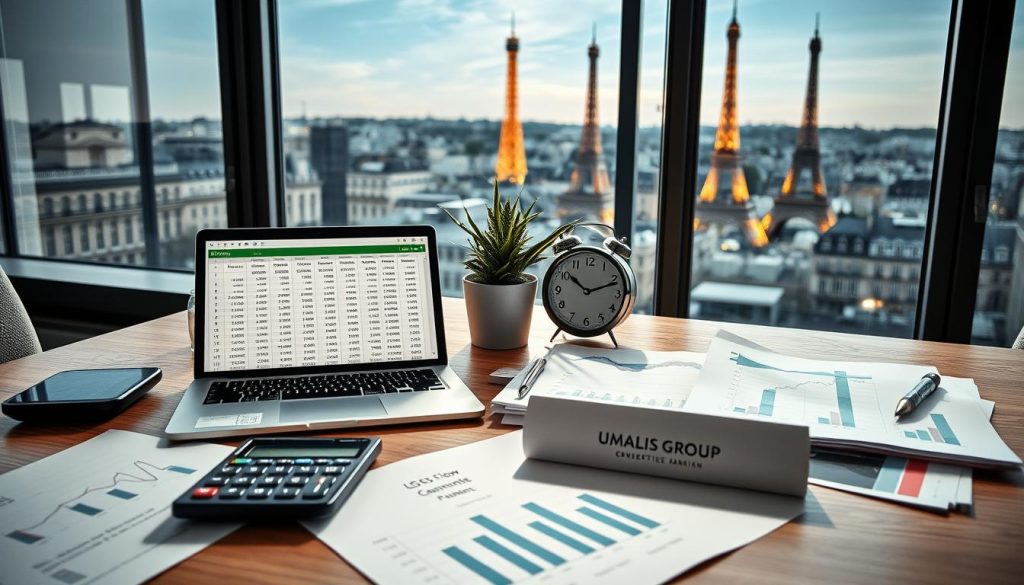 A detailed scene depicting a professional workspace designed for financial planning, focusing on six-month cash flow management for consultants. In the foreground, a neatly arranged desk with a laptop opened to a financial spreadsheet, a calculator, and scattered documents, including graphs showing cash flow projections. In the middle, a potted plant adds a touch of greenery, while a stylish clock indicates time management. The background features a large window with natural light streaming in, illuminating the workspace, and a cityscape view of Paris, with the Eiffel Tower visible. The overall atmosphere is focused and professional, projecting a sense of organized planning and foresight. The brand logo “Umalis Group” is subtly integrated into a document on the desk, reflecting professionalism.
