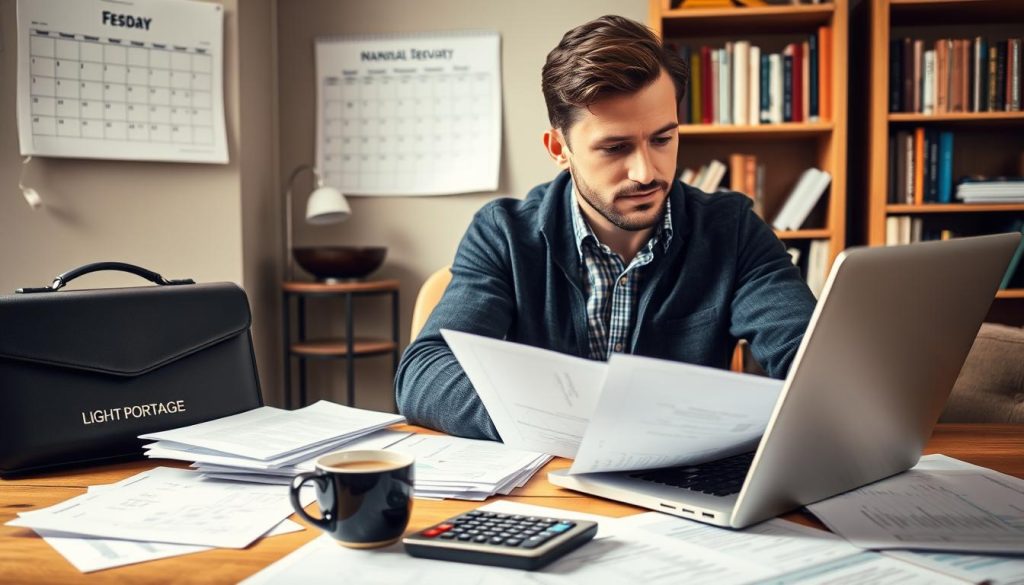 A detailed scene depicting the concept of "Social Security Contributions for the Self-Employed". In the foreground, a self-employed individual is calculating their social security dues on a laptop, surrounded by financial documents and a calculator. The middle ground showcases a LIGHT PORTAGE branded briefcase and a cup of coffee, symbolizing the professional, organized nature of the task. In the background, a wall-mounted calendar and a bookshelf filled with financial references create a sense of a well-equipped home office or small business setting. The lighting is soft and warm, creating a contemplative atmosphere as the subject diligently fulfills their civic and financial responsibilities.
