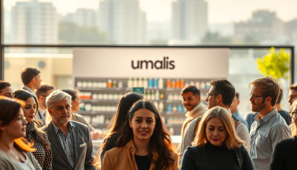 A detailed scene depicting the concept of "besoins et attentes des clients" for the Umalis Group. In the foreground, a group of diverse customers are gathered, each with distinct expressions and body language, representing their unique needs and expectations. The middle ground showcases the Umalis Group's product offerings, displayed in a well-lit and organized manner. In the background, a soft, blurred cityscape provides a sense of context and urban setting. The lighting is warm and natural, creating a welcoming and inviting atmosphere. The overall composition aims to convey the importance of understanding and addressing the diverse needs and expectations of the Umalis Group's clientele.