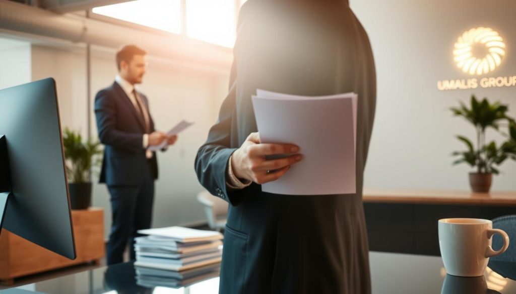 A detailed scene depicting the merging of employment through the Umalis Group's portage salarial service and unemployment benefits. In the foreground, a well-dressed professional stands in a modern office setting, reviewing documents on a sleek computer display. In the middle ground, a stack of papers and a coffee cup symbolize the administrative aspects of managing both employment and unemployment. The background features a subtle Umalis Group logo, conveying the company's role in facilitating this unique employment arrangement. The lighting is warm and inviting, creating a sense of productivity and financial security. The overall composition captures the nuanced interplay between active work and temporary unemployment benefits, as enabled by the Umalis Group's portage salarial model.