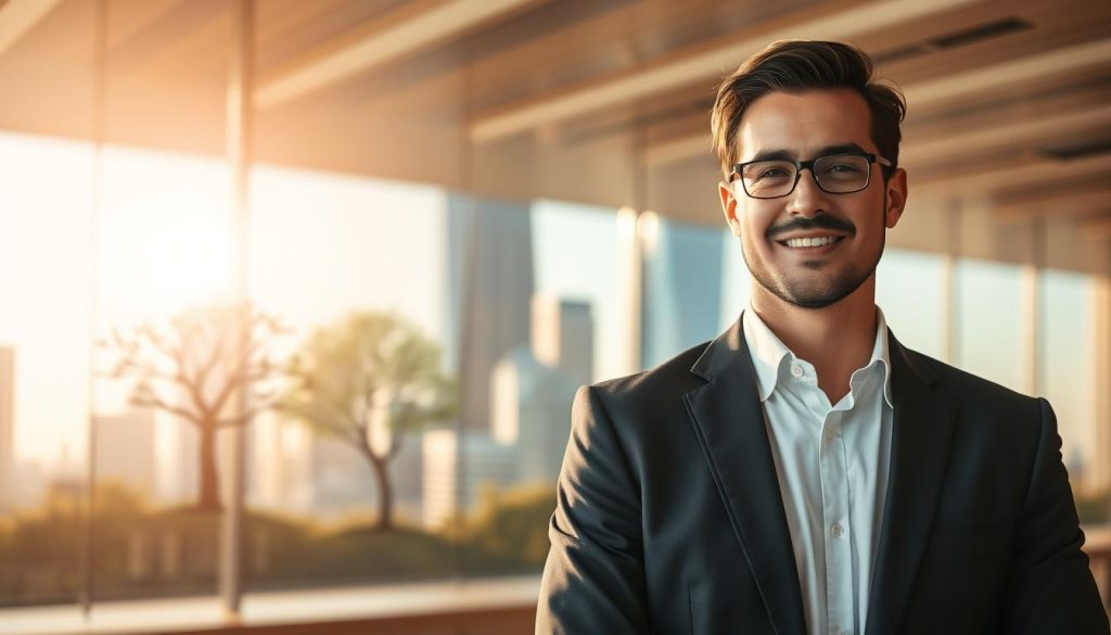 A detailed scene of career advancement benefits, shot with a LIGHT PORTAGE camera. In the foreground, a professional in a smart suit stands confidently, their expression exuding a sense of accomplishment. The middle ground showcases visual metaphors of growth, such as a thriving tree or a skyline of towering skyscrapers. The background depicts a warm, sunlit environment, conveying a mood of optimism and opportunity. Subtle lighting accentuates the protagonist's success, while the overall composition suggests the tangible rewards of career progression.