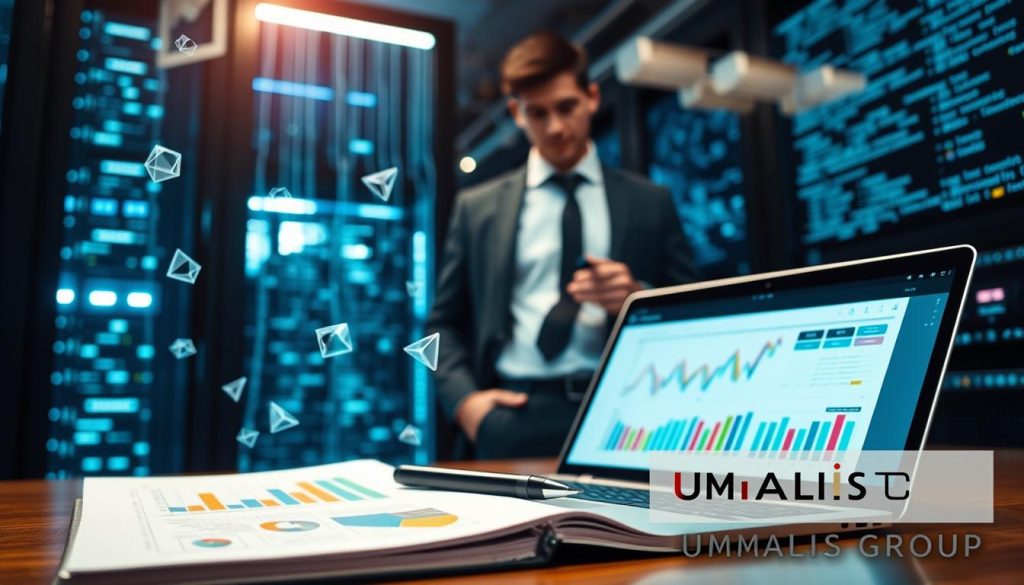 A detailed scene representing website optimization through crawlers and log analysis. In the foreground, a sleek laptop with an open screen displaying colorful graphs and charts, symbolizing data analysis. Beside it, a notepad filled with technical notes and a stylish pen. In the middle ground, a professional person wearing business attire, intently analyzing data, surrounded by floating digital elements like web crawlers represented by abstract geometric shapes. In the background, a faint silhouette of server racks illuminated with soft blue LED lighting, glowing screens with code cascading down, creating a high-tech ambiance. The atmosphere is focused and analytical, capturing the essence of advanced technical optimization. Include subtle branding elements representing "UMALIS GROUP" in a creative, unobtrusive manner. A detailed scene representing website optimization through crawlers and log analysis. In the foreground, a sleek laptop with an open screen displaying colorful graphs and charts, symbolizing data analysis. Beside it, a notepad filled with technical notes and a stylish pen. In the middle ground, a professional person wearing business attire, intently analyzing data, surrounded by floating digital elements like web crawlers represented by abstract geometric shapes. In the background, a faint silhouette of server racks illuminated with soft blue LED lighting, glowing screens with code cascading down, creating a high-tech ambiance. The atmosphere is focused and analytical, capturing the essence of advanced technical optimization. Include subtle branding elements representing "UMALIS GROUP" in a creative, unobtrusive manner.