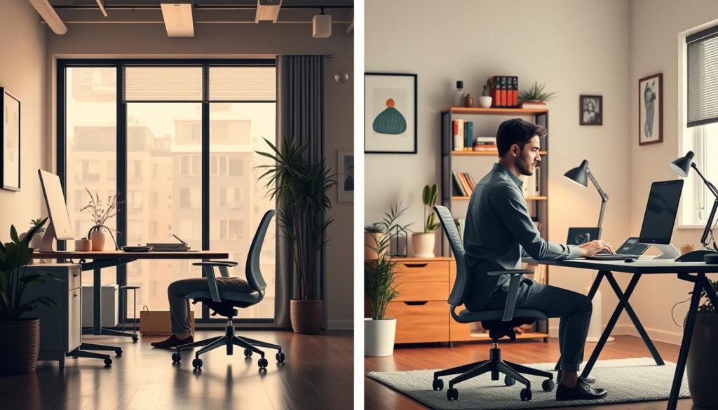 A detailed, side-by-side comparison of a Portage Salarial professional and a self-employed freelancer, illuminating the key differences in their work environments and lifestyles. Crisp, photorealistic rendering with a clean, minimal aesthetic. The Portage Salarial worker in a modern, well-equipped office, while the freelancer works from a cozy, personalized home studio. Subtle highlights emphasize the security and stability of the Portage Salarial model versus the more unpredictable nature of self-employment. Soft, diffused lighting creates a calm, contemplative mood, inviting the viewer to thoughtfully consider the advantages of each employment path. Precise, technical details capture the nuances of each setting, from the ergonomic desk setup to the eclectic decor choices.