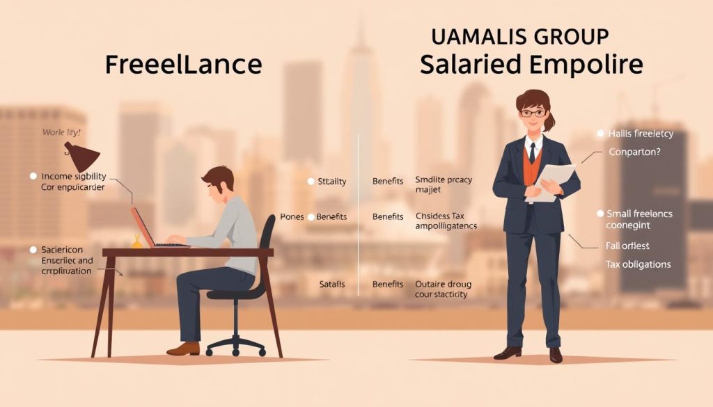 A detailed side-by-side comparison of a freelance worker and a UMALIS GROUP salaried employee, captured in a stylized illustration. In the foreground, a freelancer sits at a desk, laptop open, surrounded by a minimalist workspace. Beside them, a UMALIS GROUP salaried employee stands confidently, dressed in professional attire, holding relevant documents. The middle ground blends the two workstyles, highlighting key differences like income stability, benefits, and tax obligations. The background features a softly blurred cityscape, conveying a sense of professionalism and opportunity. Warm, muted tones create an atmosphere of thoughtful comparison, inviting the viewer to consider the merits of each employment model.