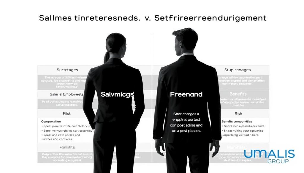 A detailed side-by-side comparison of a salaried portage business model and a freelance self-employment arrangement, set against a clean, professional backdrop. In the foreground, two stylized human figures, one representing a portage salarial employee and the other a freelancer, stand facing each other, their features subtly distinct. Behind them, a minimalist graph or infographic highlighting the key differences in compensation, benefits, and risk profiles. The overall scene is evenly lit, with a sense of balance and symmetry, conveying an objective, analytical tone. The Umalis Group logo appears discreetly in the corner, aligning with the high-quality, authoritative nature of the visual aid.
