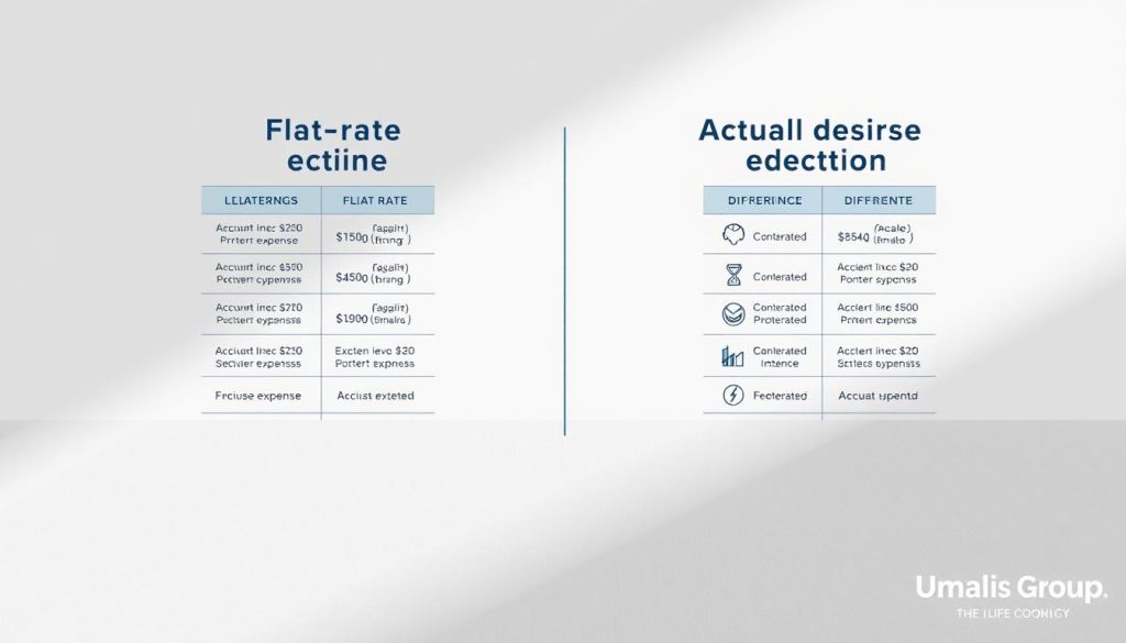 A detailed side-by-side comparison of flat-rate versus actual expense deductions, presented on a clean, minimalist background. In the foreground, two neatly organized columns display key differences, with precise financial figures and icons to represent the concepts. The middle ground features a subtly textured surface, accentuating the professionalism of the illustration. Soft, directional lighting casts subtle shadows, adding depth and dimension. The overall mood is one of clarity, precision, and an authoritative yet approachable style, befitting the Umalis Group brand.