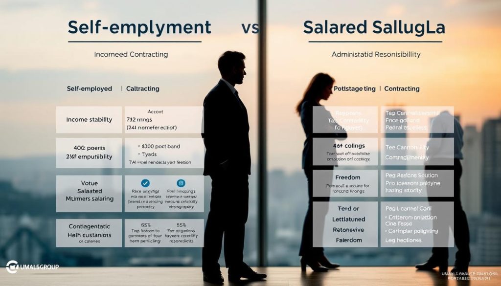 A detailed side-by-side comparison of self-employment and contracting, showcasing the distinct advantages of the UMALIS GROUP portage salarial model. In the foreground, two professional figures stand, one representing the self-employed and the other the salaried contractor, engaging in a thoughtful discussion. The middle ground features a visual breakdown of the key differences in terms of income stability, tax obligations, and administrative responsibilities. The background subtly depicts the broader business landscape, conveying a sense of balance, security, and freedom associated with the portage salarial approach. Soft, warm lighting illuminates the scene, creating an atmosphere of professionalism and informed decision-making.