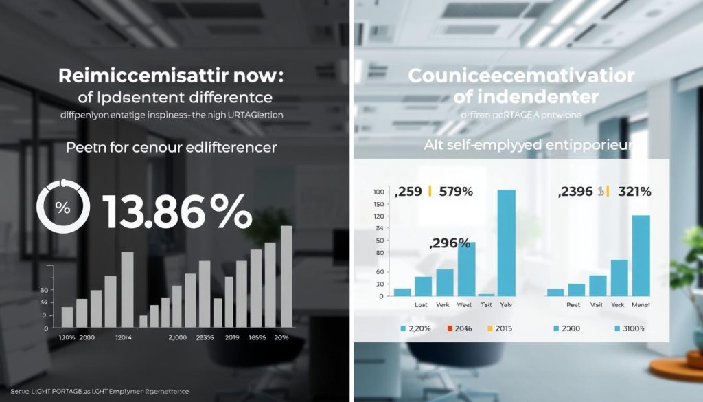 A detailed side-by-side visual comparison of the remuneration differences between independent work as a LIGHT PORTAGE employee versus as a self-employed entrepreneur. Rendered in a clean, infographic style with clear data visualizations. The foreground should display crisp charts and graphs highlighting the key financial metrics, while the background showcases a professional office environment with modern furniture and decor. Lighting should be bright and evenly distributed, with a focus on highlighting the data displays. The overall mood should convey a sense of analytical clarity and informed decision-making.