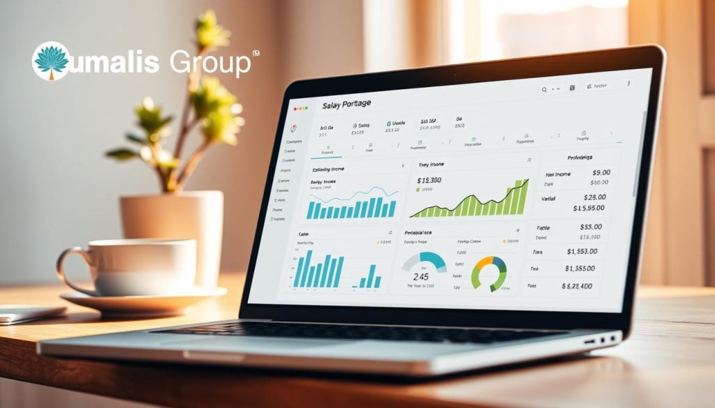 A detailed simulation of a salary portage dashboard on a laptop screen. The dashboard displays a clean and intuitive interface with charts, graphs, and calculations for estimating income under a salary portage arrangement. The Umalis Group logo is prominently featured in the top left corner, conveying trust and professionalism. The scene is bathed in warm, natural lighting, creating a sense of productivity and focus. The laptop is positioned on a minimalist wooden desk, with a potted plant and a cup of coffee in the background, suggesting a comfortable and organized workspace. The overall mood is one of empowerment, control, and financial well-being. A detailed simulation of a salary portage dashboard on a laptop screen. The dashboard displays a clean and intuitive interface with charts, graphs, and calculations for estimating income under a salary portage arrangement. The Umalis Group logo is prominently featured in the top left corner, conveying trust and professionalism. The scene is bathed in warm, natural lighting, creating a sense of productivity and focus. The laptop is positioned on a minimalist wooden desk, with a potted plant and a cup of coffee in the background, suggesting a comfortable and organized workspace. The overall mood is one of empowerment, control, and financial well-being.