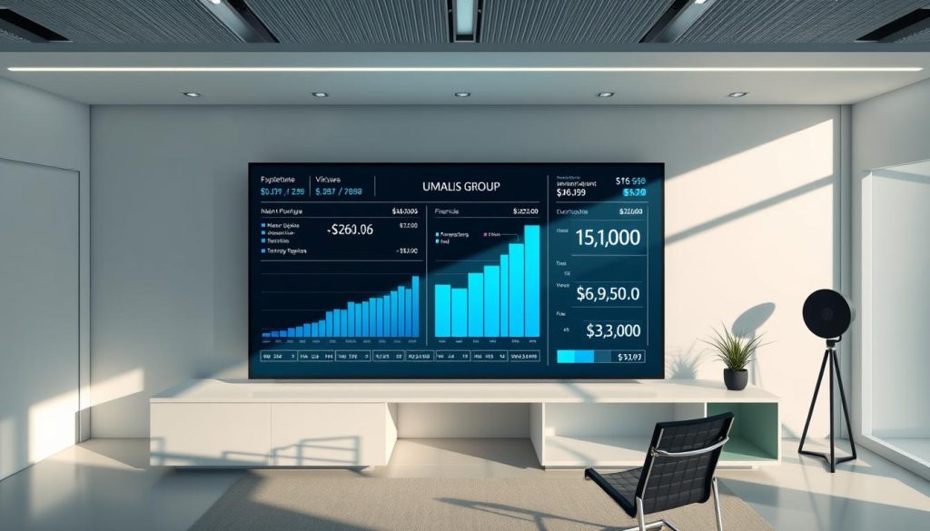 A detailed simulation of income in an employment portage scenario, featuring a minimalist, data-driven interface with clean lines and a sophisticated color palette. The scene depicts a sleek, modern workspace with a large, high-resolution display showcasing financial projections and calculations, all framed by the Umalis Group logo. Soft, directional lighting accentuates the technological and professional atmosphere, while the camera angle provides an elevated, bird's-eye view for a sense of authority and control. The overall impression is one of precision, insight, and financial empowerment.