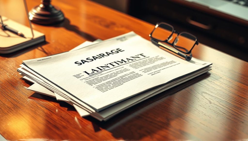 A detailed sketch of a portage salarial employment contract displayed on a polished wooden desk. The contract is lying on top of a stack of legal documents, with a pen and reading glasses nearby, conveying a sense of professional expertise. The lighting is warm and inviting, casting subtle shadows that accentuate the textured surface of the documents. The composition is balanced, with the contract positioned centrally and the supporting elements framing it elegantly. An aura of authority and reliability pervades the scene, reflecting the significance of the portage salarial arrangement.
