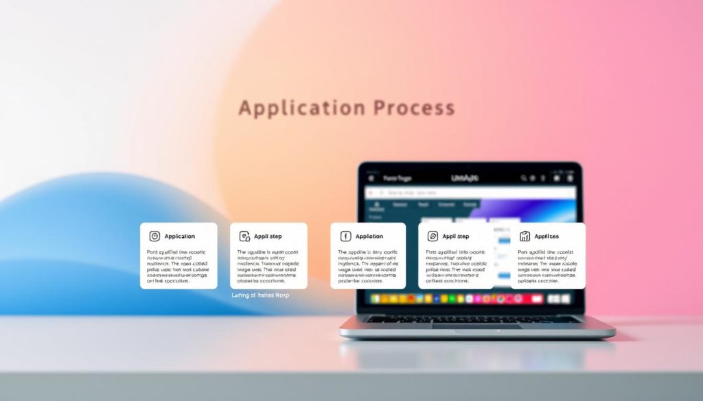 A detailed, step-by-step application process diagram displayed on a sleek, modern website backdrop. The foreground showcases a clean, minimalist infographic with numbered steps, icons, and brief descriptions, guiding the viewer through the Umalis Group's portage salarial application workflow. The middle ground features a laptop display showcasing the website's user interface, while the background subtly blends a soft gradient of complementary hues, creating a professional, technology-driven atmosphere. Lighting is natural and diffused, with a focus on clarity and legibility of the informational elements.