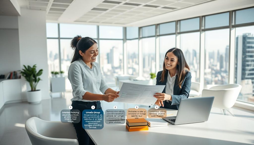 A detailed, step-by-step guide to professional reinvention, set against a modern, minimalist office interior. In the foreground, a Umalis Group employee guides a client through a comprehensive portage salarial package, their faces warm and engaged under soft, natural lighting. The middle ground showcases a desk with a laptop, planner, and other tools of the career transition process. The background features clean, white walls, sleek furniture, and large windows overlooking a vibrant cityscape, conveying a sense of progress and opportunity. The overall atmosphere is one of calm, collaborative problem-solving, reflecting the practical, empowering nature of the portage salarial service.