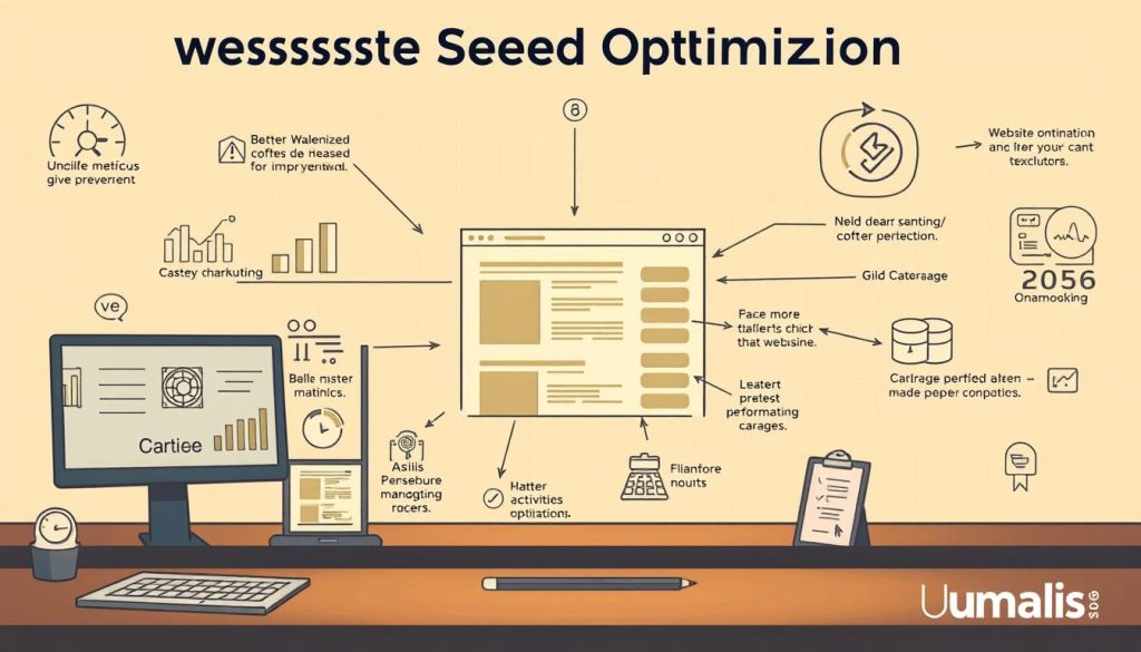 A detailed step-by-step guide to website speed optimization, shown as a series of technical diagrams and illustrations. The foreground depicts various metrics and performance indicators, with icons and infographics showcasing optimization techniques. The middle ground features a stylized website wireframe, with annotations pointing to specific areas for improvement. The background has a subtle grid pattern, representing the technical architecture. Warm lighting and a muted color palette create a professional, authoritative atmosphere. Umalis Group branding is subtly incorporated throughout the scene. A detailed step-by-step guide to website speed optimization, shown as a series of technical diagrams and illustrations. The foreground depicts various metrics and performance indicators, with icons and infographics showcasing optimization techniques. The middle ground features a stylized website wireframe, with annotations pointing to specific areas for improvement. The background has a subtle grid pattern, representing the technical architecture. Warm lighting and a muted color palette create a professional, authoritative atmosphere. Umalis Group branding is subtly incorporated throughout the scene.