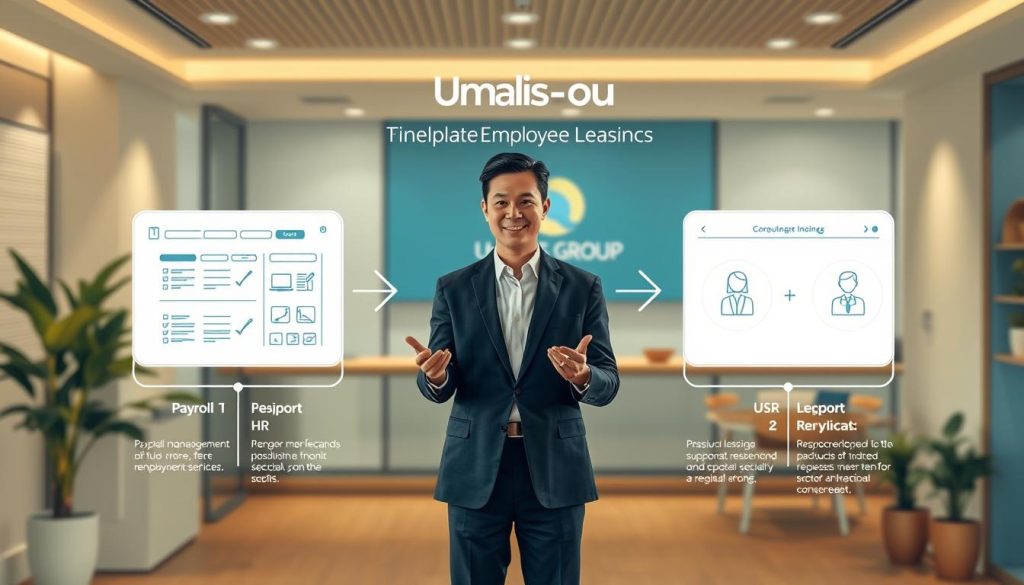 A detailed, step-by-step illustration of the Umalis Group's employee leasing process. In the foreground, a professional consultant guides a client through the various stages, using clear visuals and intuitive UI elements. The middle ground showcases the core services - payroll management, HR support, and regulatory compliance. In the background, a serene office setting with the Umalis Group logo prominently displayed, conveying a sense of expertise and reliability. Warm lighting, a slightly elevated camera angle, and a crisp, modern aesthetic combine to create an informative yet visually appealing image that effectively communicates the "how-to" of the employee leasing process.