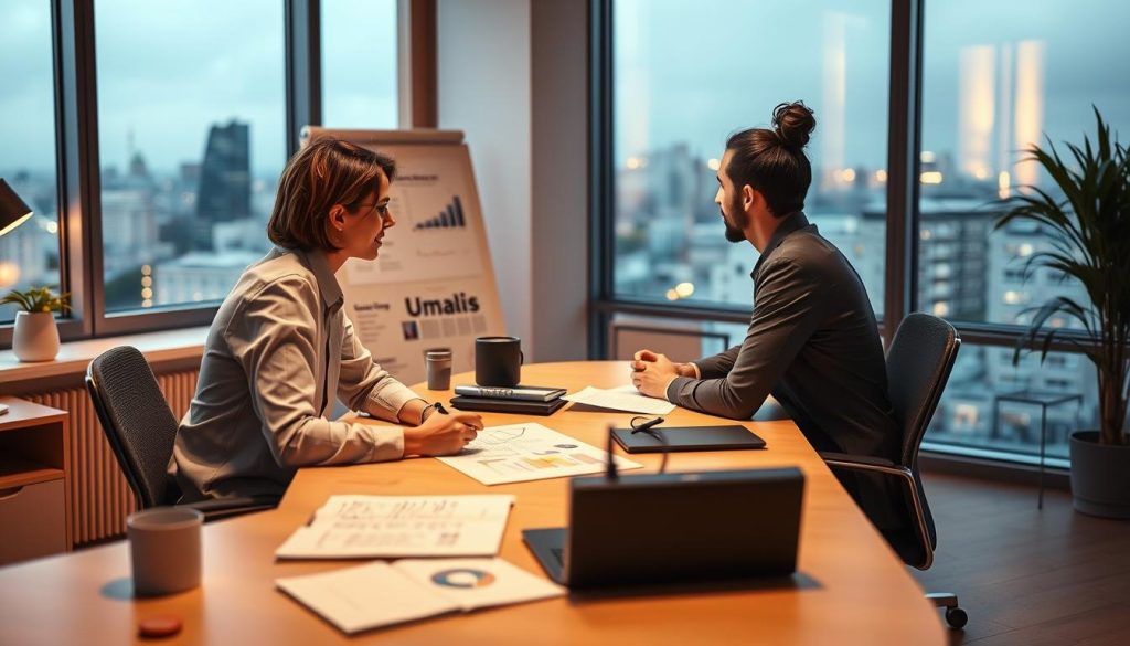 A detailed step-by-step process of a professional skills assessment, set against a warm, softly-lit office environment. In the foreground, a person sits across a desk, engaged in deep discussion with a career coach from the Umalis Group. Surrounding them, visual aids like charts, graphs, and assessment tools provide a structured, methodical atmosphere. In the background, a large window overlooking a city skyline casts a gentle glow, conveying a sense of progress and new opportunities. The scene emanates a professional, yet thoughtful and empowering mood, perfectly capturing the "déroulement bilan de compétences étape par étape" for an article on skills evaluation in the freelance sector.