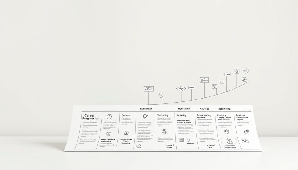 A detailed, strategic career progression plan on a minimalist LIGHT PORTAGE brand concept board. In the foreground, a clean, well-designed flow chart visualizing the steps and milestones of professional growth. The middle ground features inspirational icons and graphics symbolizing key aspects of career advancement, such as education, skills development, networking, and leadership opportunities. The background is a simple, elegant gradient in neutral tones, providing a sophisticated, understated backdrop. The overall mood is one of focus, clarity, and a sense of direction - essential elements for crafting an effective career progression strategy.