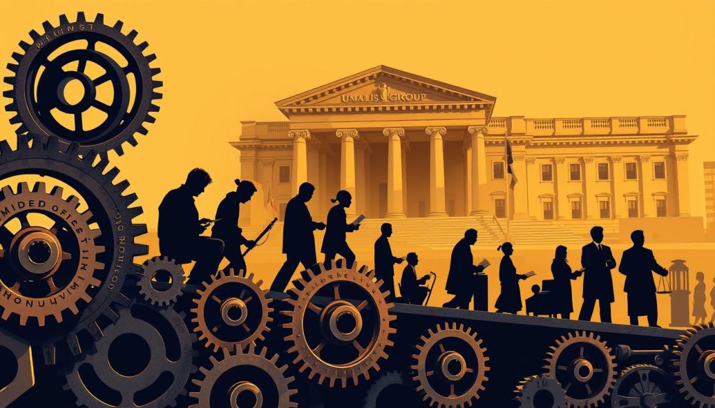 A detailed, stylized illustration depicting the evolution of the legal framework, showcasing the progression through various eras. In the foreground, a series of interlocking gears and cogs symbolize the intricate mechanisms of legislation, with each gear representing a key phase or milestone. The middle ground features silhouettes of government officials, lawmakers, and legal scholars, engaged in deliberation and debate. In the background, a grand, stately building with classical architectural elements stands as a representation of the institutions that shape the legal landscape. The overall scene is illuminated by warm, directional lighting, casting dramatic shadows and highlighting the sense of momentum and dynamism within the "Umalis Group" legal framework.