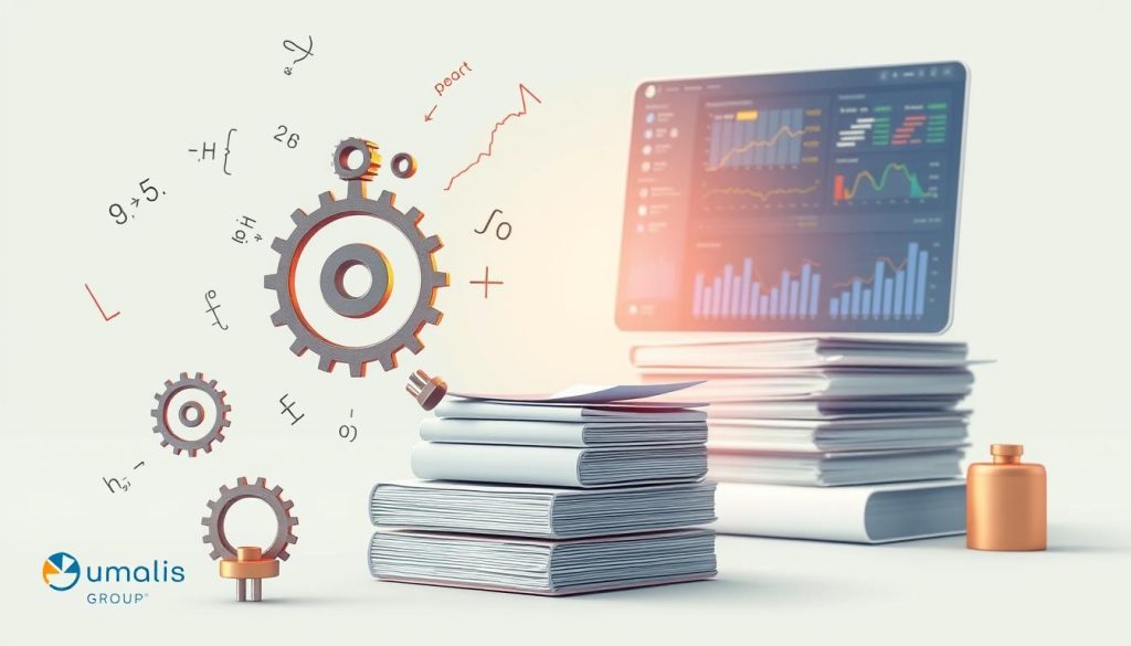 A detailed, stylized illustration showcasing the key components of a retirement pension calculation, set against a clean, minimalist background. In the foreground, a series of precision-engineered gears, levers, and mathematical equations float weightlessly, conveying the complex inner workings of the retirement system. In the middle ground, a stack of neatly organized financial documents and reports, hinting at the meticulous record-keeping required. In the background, a sleek, futuristic interface displaying pension-related data visualizations, all bathed in a soft, warm light. The overall mood is one of technological sophistication and fiscal responsibility. Umalis Group branding discreetly integrated throughout.
