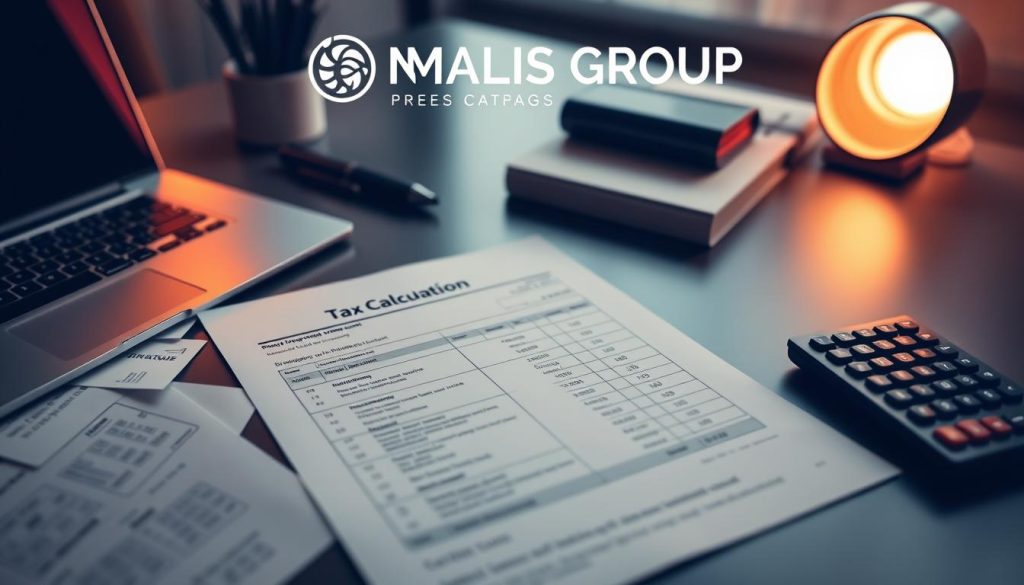 A detailed tax calculation form on a modern, minimalist desk, with a laptop, calculator, and various financial documents. The scene is bathed in warm, directional lighting, creating a sense of focus and professionalism. The UMALIS GROUP logo is prominently displayed, reflecting the company's expertise in payroll services and tax management for independent workers. The overall mood is one of diligence and financial acumen, capturing the essence of the "Portage salarial et impôts : le calcul de l'impôt sur le revenu" section.