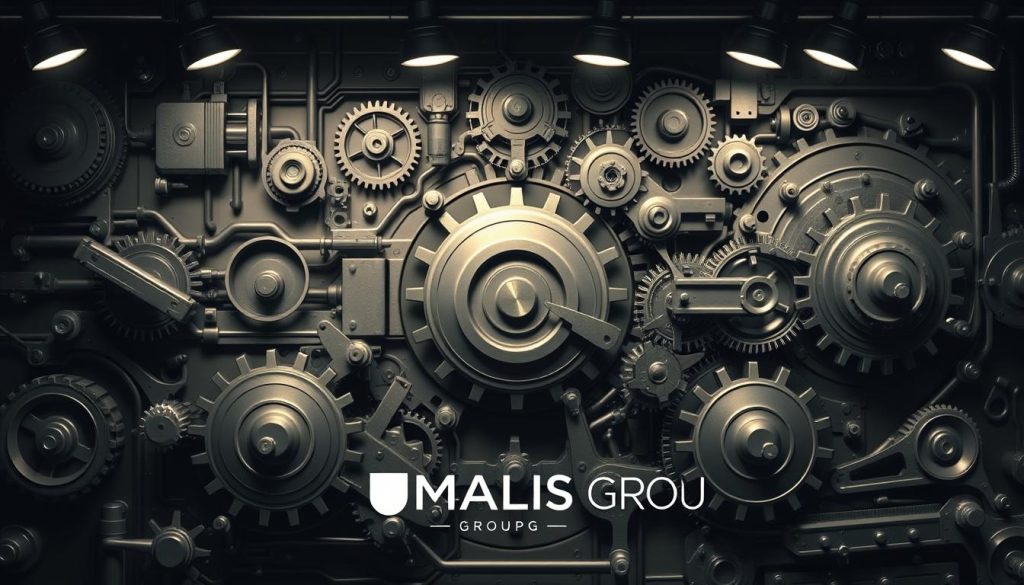 A detailed technical diagram depicting the intricate mechanisms of value-added tax (VAT) within the salaried portage system. The scene features a complex network of gears, levers, and interconnected components, all elegantly rendered in a muted color palette. Overhead lighting casts subtle shadows, highlighting the precision engineering. In the foreground, the UMALIS GROUP logo is prominently displayed, indicating the source of this specialized knowledge. The overall atmosphere conveys a sense of professionalism and expertise, perfectly suited to illustrate the "Comprendre la taxe sur la valeur ajoutée dans le portage salarial" section of the article.