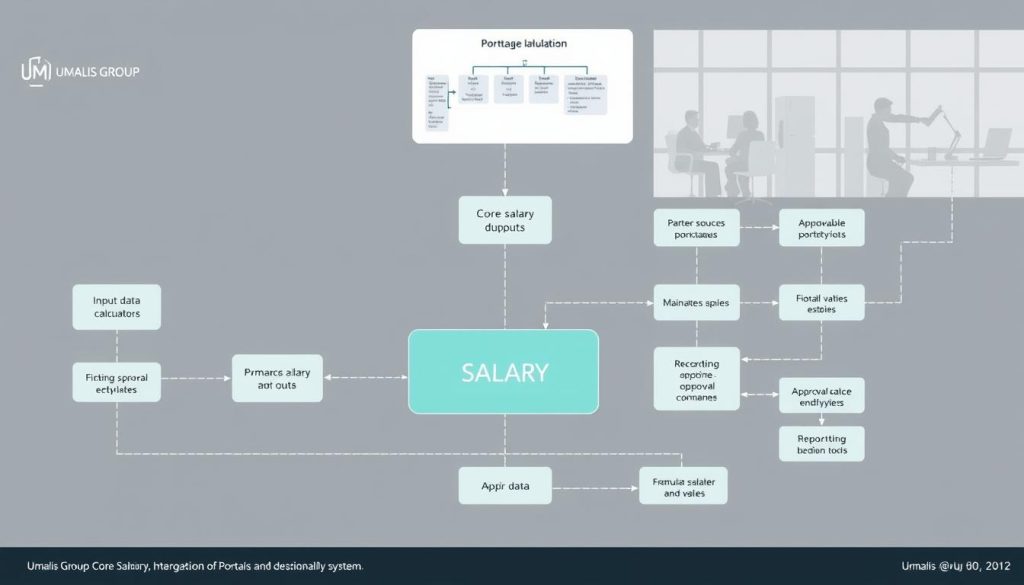 A detailed, technical flow diagram illustrating the core structure of a portage salarial salary system. The diagram features clean, minimalist lines and shapes with a subtle color palette of muted blues, grays, and greens. In the foreground, a central process block outlines the core salary calculation, surrounded by interconnected steps for input data, formulas, and output. The middle ground includes supporting elements like data sources, approval workflows, and reporting tools. In the background, a simplified organizational chart and stylized office environment provide context. The overall composition conveys a sense of clarity, efficiency, and professionalism. Umalis Group branding is discreetly incorporated.