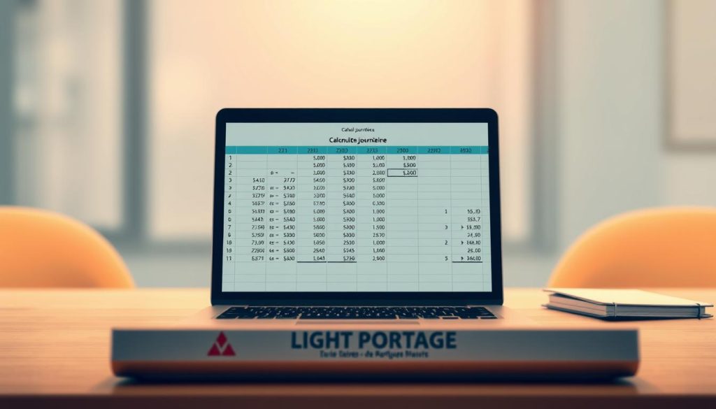 A detailed, technical illustration of "calcul indemnités journalières" showcasing a clean, minimalist design. Set against a softly blurred background, the foreground features a laptop displaying a spreadsheet with formulae and calculations, representing the complex process of determining daily allowance payouts. The middle ground includes a modern office desk with a LIGHT PORTAGE brand nameplate, conveying the professional, administrative nature of the subject matter. Subtle shadows and warm, diffused lighting create a calm, analytical atmosphere, emphasizing the importance of accurate calculations in the context of salaried employment and daily expense reimbursement.