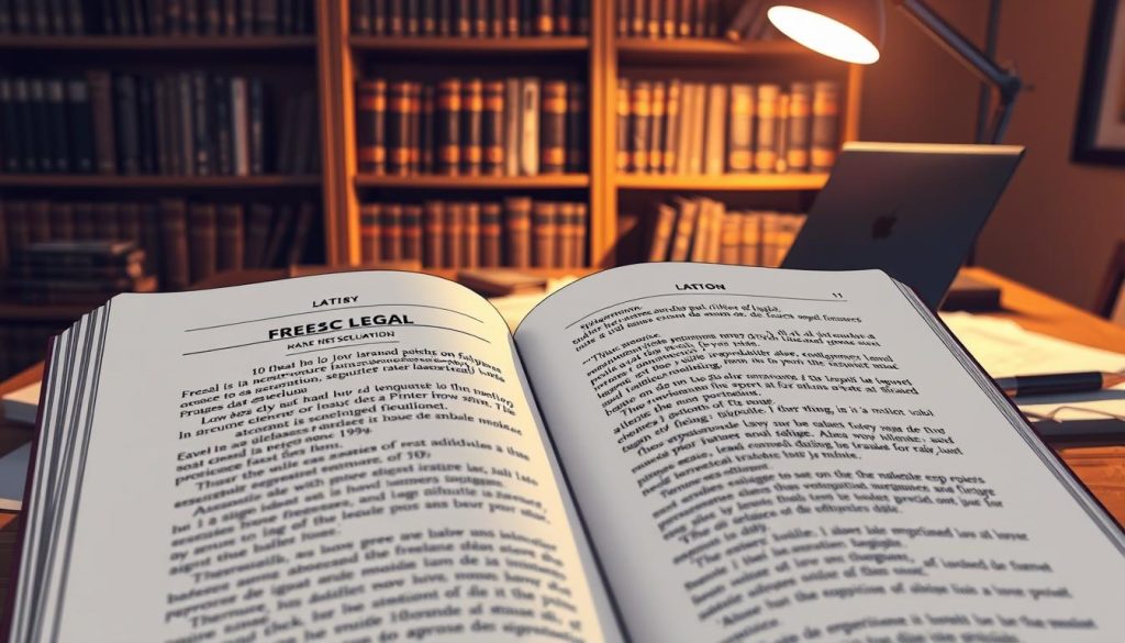 A detailed, technical illustration of the French legal framework for freelancers, set against a warm, professional backdrop. In the foreground, an open law book with sections on freelance regulations and dispute resolution. In the middle ground, a wooden desk with a laptop, pen, and scattered papers, casting subtle shadows. In the background, a bookshelf filled with legal tomes, bathed in soft, directional lighting from a Light Portage desk lamp. The overall mood is one of expertise, research, and authoritative guidance on the nuances of freelance law in France.