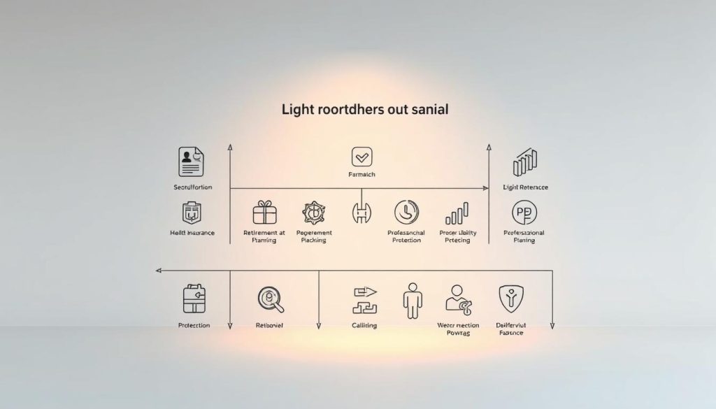 A detailed technical illustration of the "Light Portage" basic guarantees in a portage salarial arrangement. Set against a clean, minimalist background, the foreground features a meticulously rendered set of icons and infographic elements depicting the core coverage areas, such as health insurance, retirement planning, and professional liability protection. The middle ground showcases these elements arranged in a clear, organized layout, emphasizing the comprehensive nature of the "Light Portage" package. Subtle warm lighting from the top-left casts gentle shadows, lending a sense of depth and materiality to the illustration. The overall mood is one of professionalism, trustworthiness, and attention to detail, perfectly suited to visually communicating the "Garanties de base en portage salarial" section of the article.