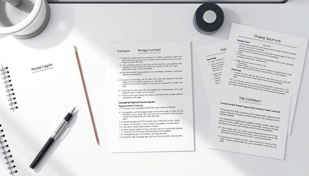 A detailed technical illustration of various Portage Salarial contract types. The scene features a clean, minimalist desktop with a notebook, pen, and several legal documents arranged neatly. Soft, diffused lighting illuminates the setup, highlighting the textures and materials. The documents showcase different contract structures, employment terms, and compensation details related to the Portage Salarial system. The overall mood is one of professionalism, clarity, and attention to detail, reflecting the informative nature of the article's section.