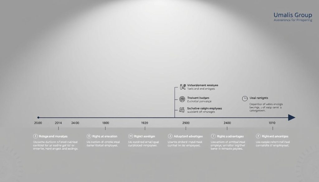 A detailed technical illustration showcasing the duration of unemployment benefits for salaried employees under the Umalis Group portage system. The foreground depicts a sleek timeline graphic with labeled milestones and metrics, rendered in a minimalist, high-contrast style. The middle ground features stylized icons and infographic elements to visually communicate the key rights and advantages. The background subtly incorporates the Umalis Group branding through muted patterns and textures, establishing a professional, informative atmosphere. Lighting is crisp and directional, with a sharp focus that draws the eye to the central information. The overall composition strikes a balance between analytical clarity and elegant design.