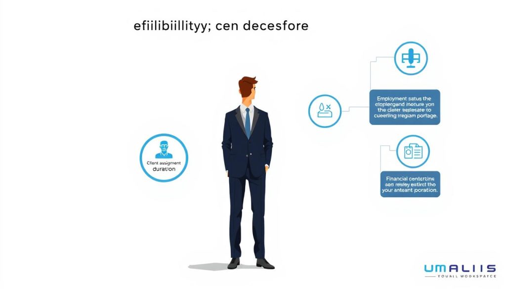 A detailed technical illustration showcasing the eligibility criteria for an employee in a UMALIS GROUP salaried portage arrangement. The scene depicts a smartly-dressed professional against a clean, minimalist backdrop, with floating data points and infographic elements highlighting the key requirements - employment status, skill set, client assignment duration, and financial considerations. The image conveys a sense of professionalism, clarity, and attention to detail, reflecting the specialized nature of the salaried portage service offered by UMALIS GROUP.