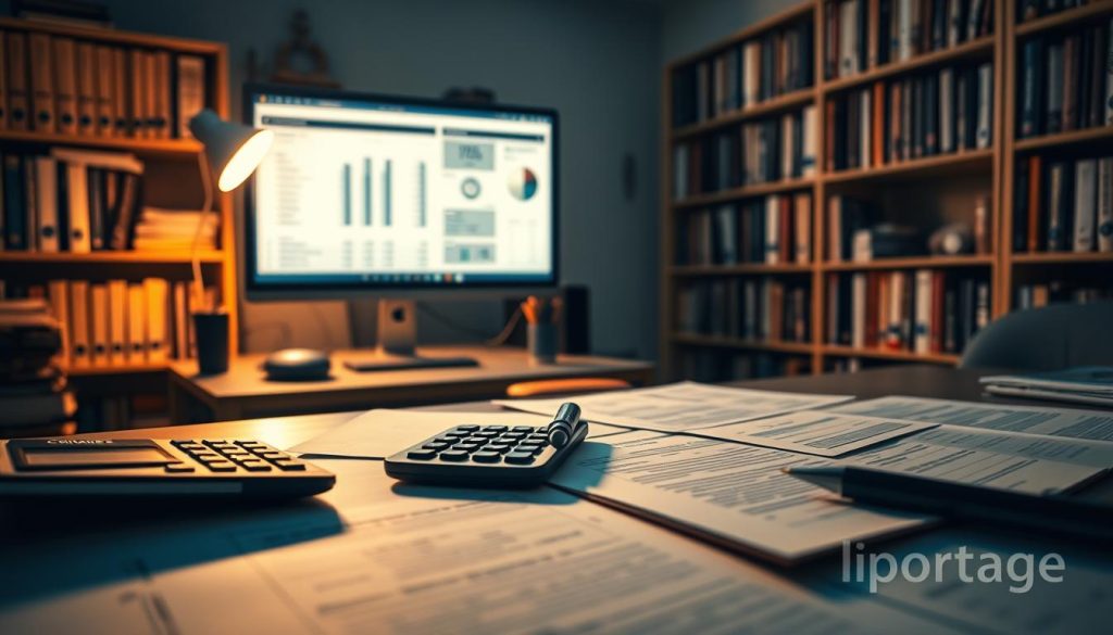 A detailed, technical scene depicting the concept of "calcul abattement fiscal" for a freelance tax declaration. In the foreground, a well-lit desk with a calculator, pen, and papers scattered across the surface, casting soft shadows. In the middle ground, a computer monitor displaying tax forms and financial data, bathed in a warm, focused light. In the background, bookshelves filled with reference materials on tax law and accounting, illuminated by a subtle, ambient glow. The overall mood is one of careful consideration and financial responsibility, evoked through the carefully crafted lighting and composition. The image bears the Light Portage brand.