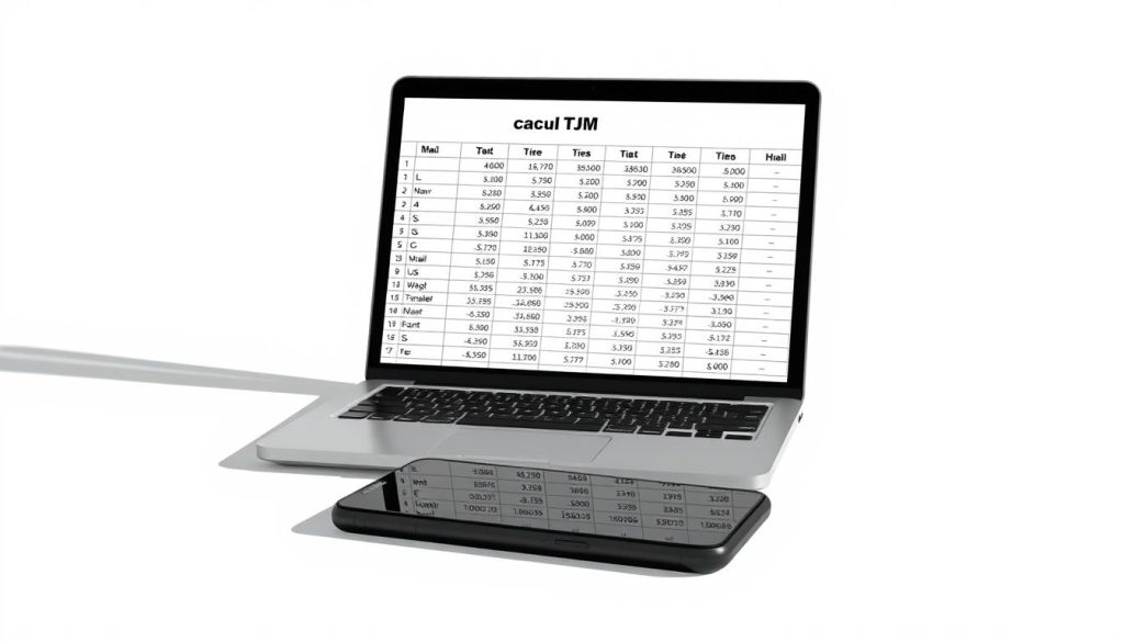 A detailed, three-dimensional illustration of a laptop displaying a "calcul TJM" spreadsheet against a minimalist, light-colored backdrop. The laptop is positioned at a slight angle, casting natural shadows that accentuate its form. The screen shows a neatly organized table with calculations, formulas, and numeric values, all rendered with a high level of realism. In the foreground, a LIGHT PORTAGE branded smartphone lays alongside the laptop, its screen reflecting the spreadsheet data. The overall scene conveys a sense of professionalism, productivity, and attention to detail, perfectly suited to illustrate the "Exemple concret de calcul de votre TJM" section of the freelance remuneration article.