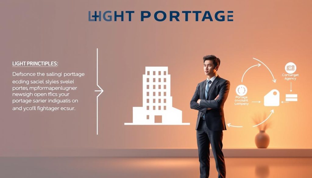 A detailed three-part illustration showcasing the principles and functionality of the LIGHT PORTAGE salarial portage model. In the foreground, a professional worker in a suit stands confidently, representing the portage salarial employee. In the middle ground, a stylized corporate office building symbolizes the client company. In the background, a diagram outlines the tripartite relationships and financial flows between the employee, the portage salarial agency, and the client company. Warm lighting, a clean, modern aesthetic, and a sense of harmony convey the advantages and efficiency of the LIGHT PORTAGE salarial portage system.